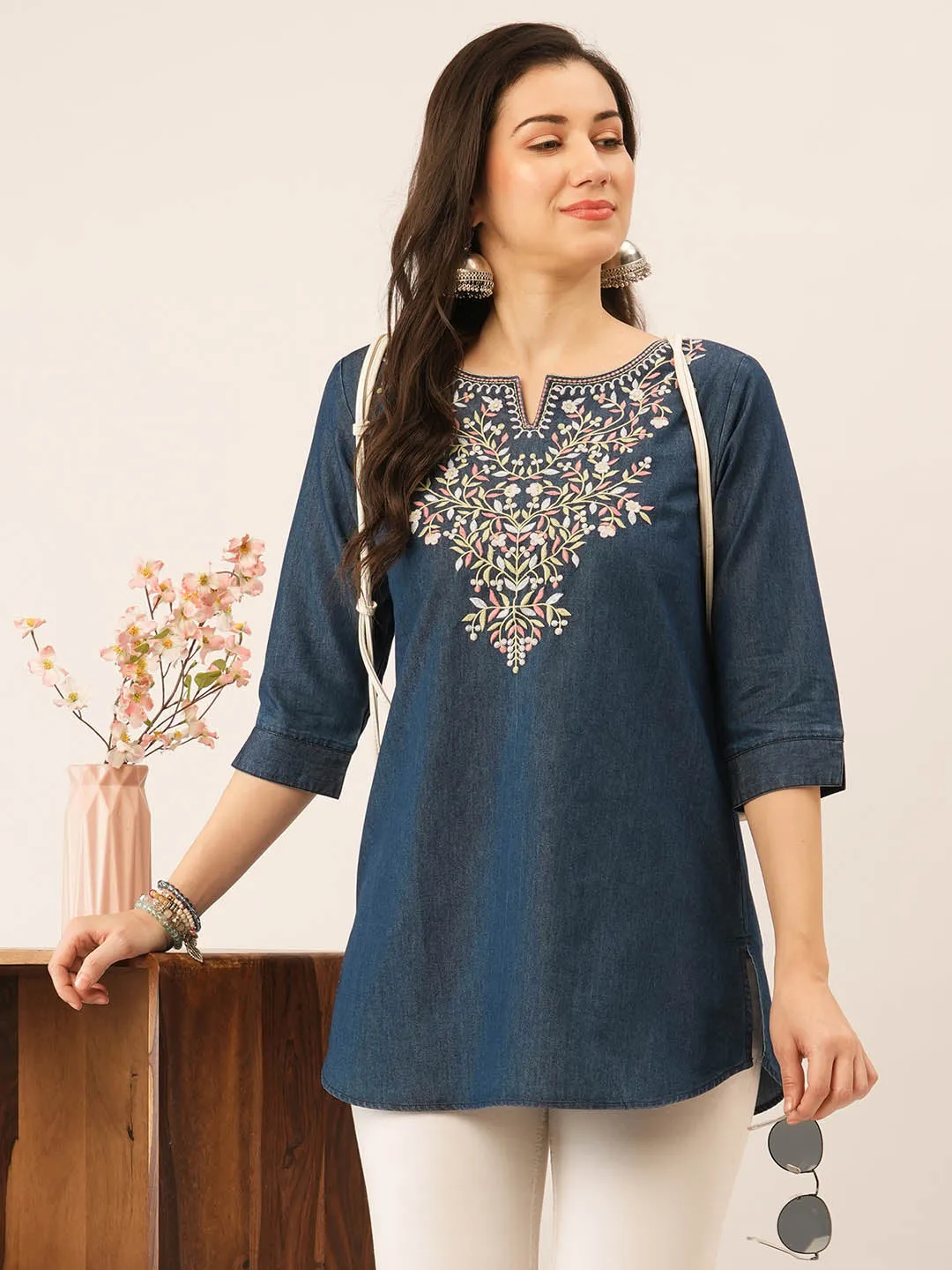 Dx Round Neck Straight Denim Tunic for Women Online in India-Zola