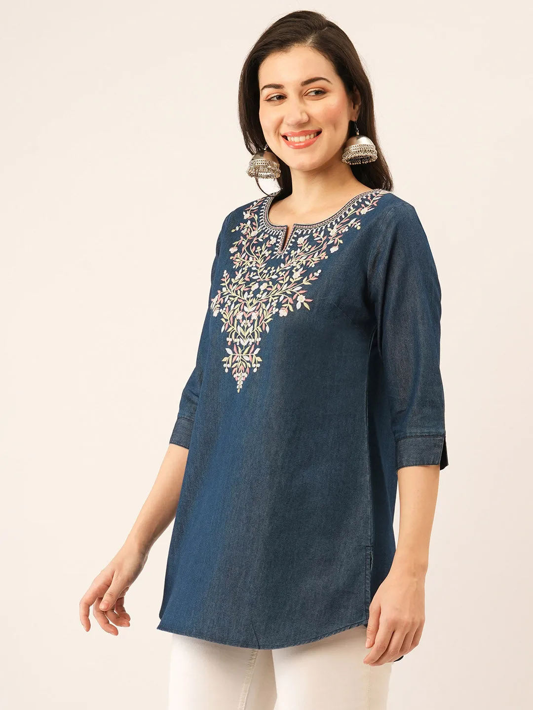 Dx Round Neck Straight Denim Tunic for Women Online in India-Zola