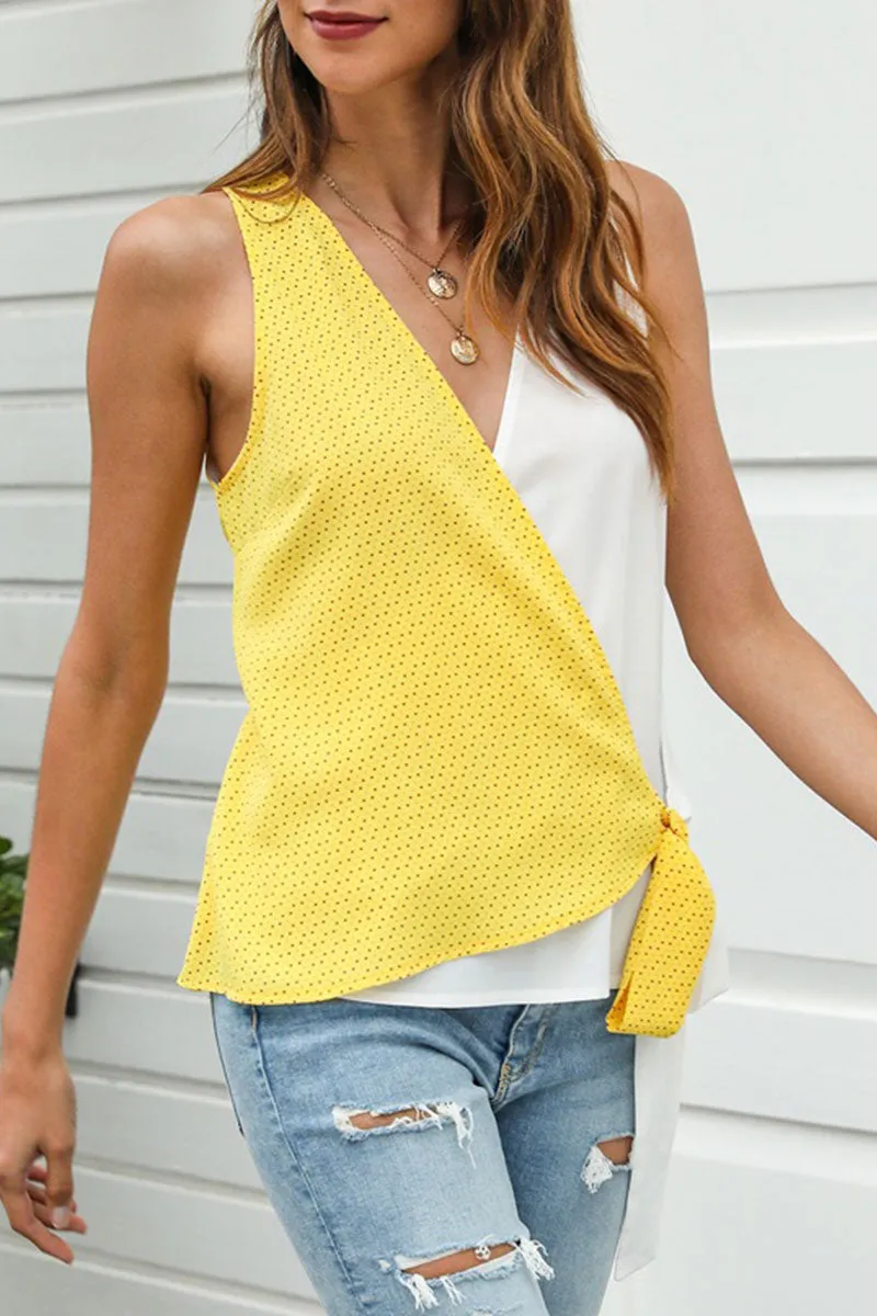 Elegant Print Patchwork V Neck Tops