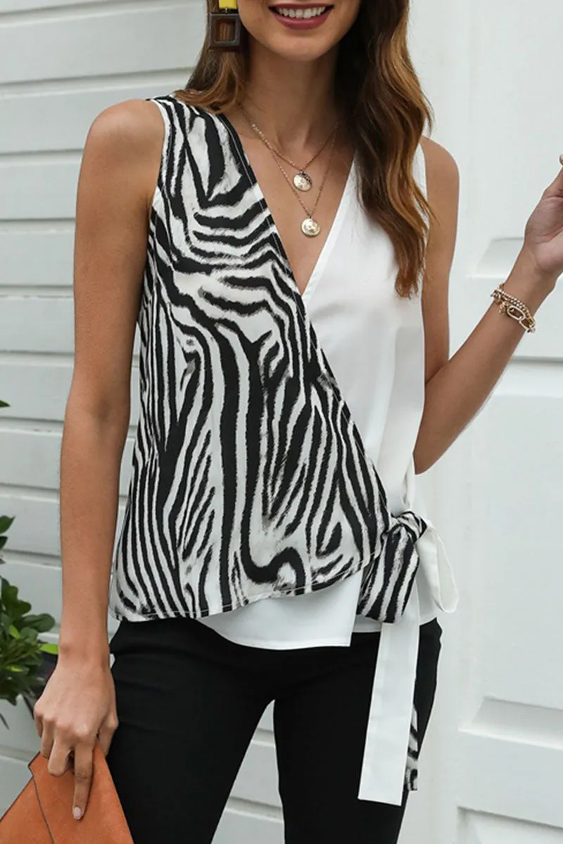 Elegant Print Patchwork V Neck Tops