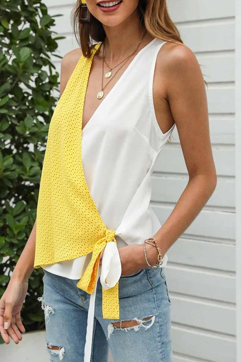 Elegant Print Patchwork V Neck Tops