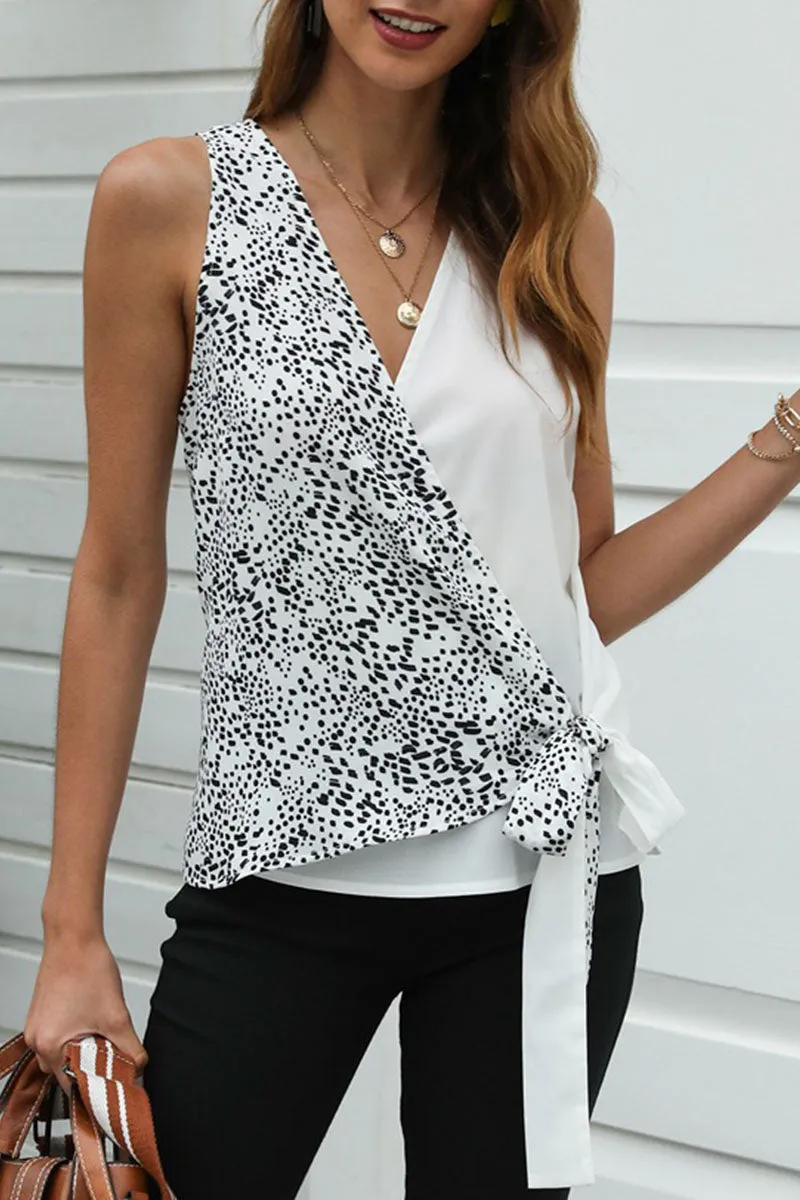Elegant Print Patchwork V Neck Tops