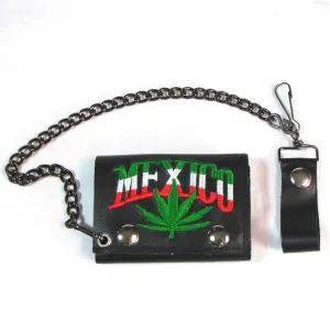 Embroidered Tri-Fold Wallet w/ Chain- Mexico/Leaf