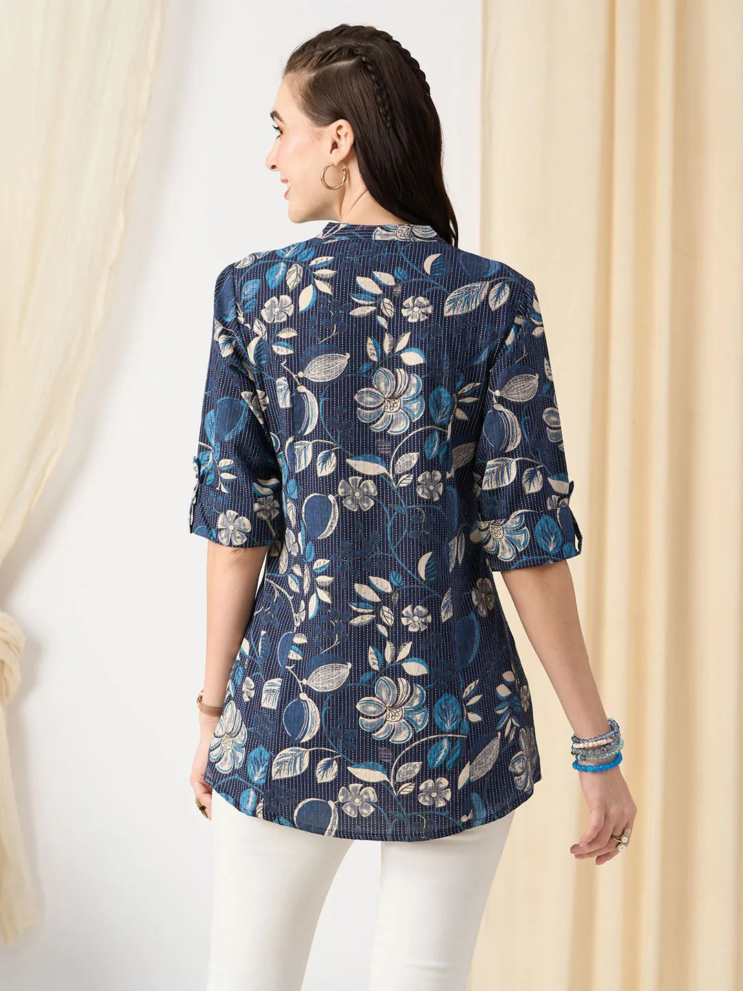 Exclusive Cotton NavyBlue A-Line Tunic With Kantha work & Floral Print For Women - ZOLA