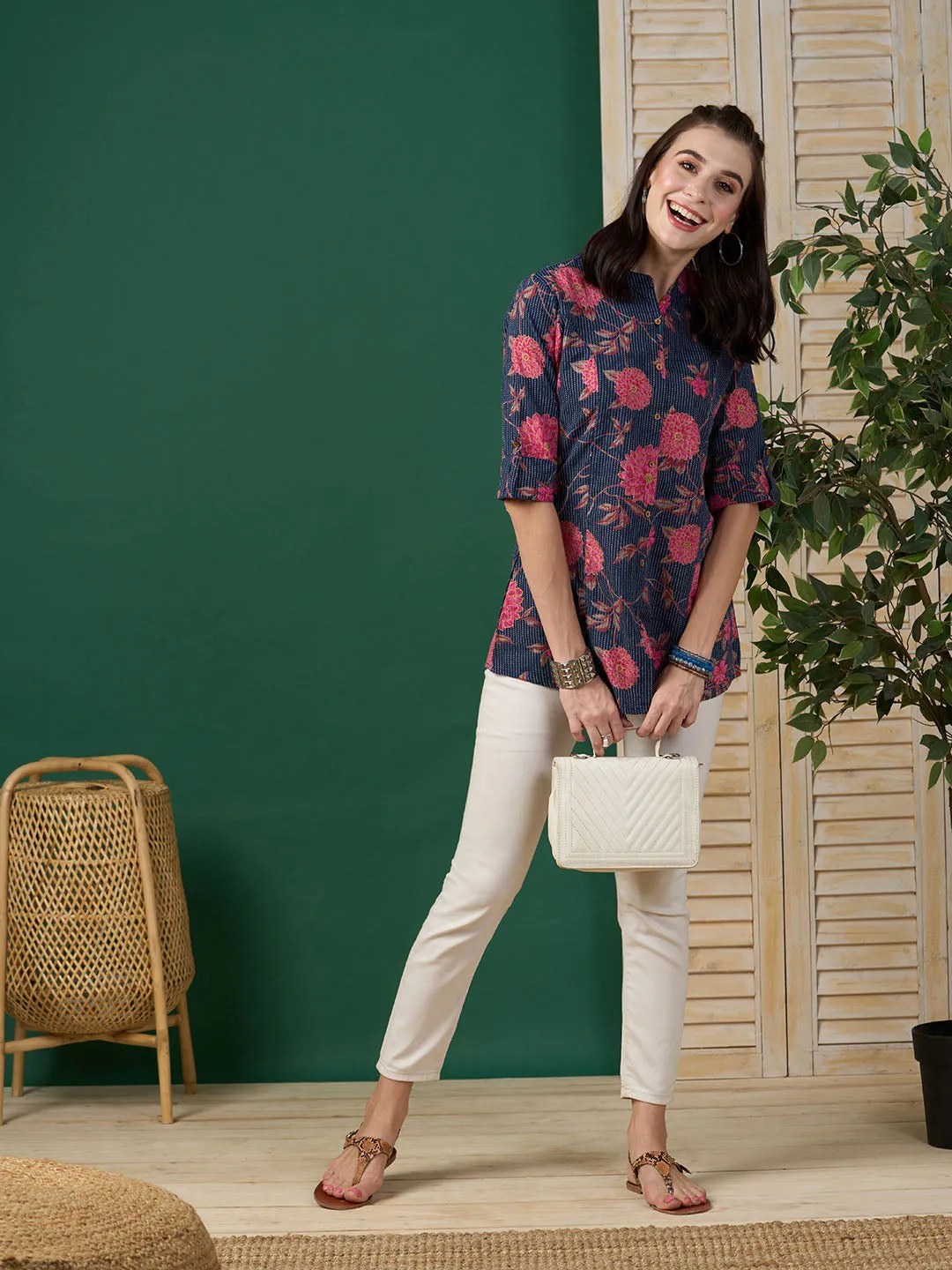 Exclusive Cotton NavyBlue A-Line Tunic With Kantha work & Floral Print For Women - ZOLA