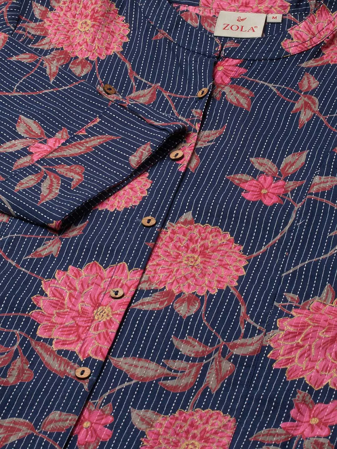 Exclusive Cotton NavyBlue A-Line Tunic With Kantha work & Floral Print For Women - ZOLA