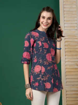 Exclusive Cotton NavyBlue A-Line Tunic With Kantha work & Floral Print For Women - ZOLA