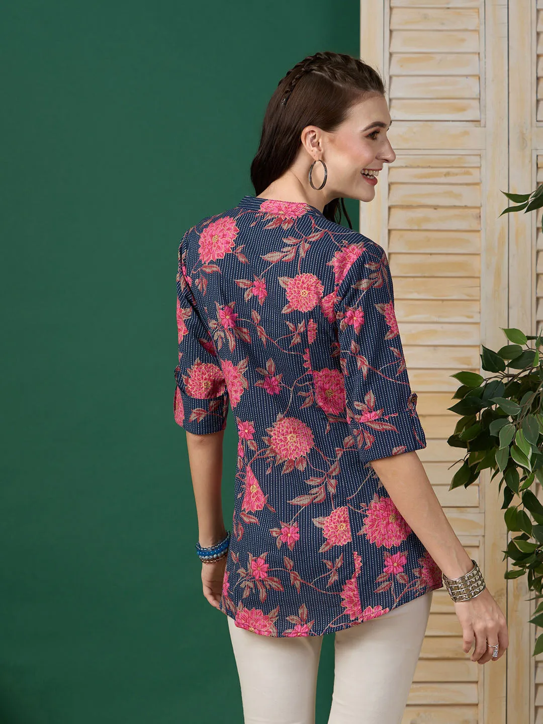 Exclusive Cotton NavyBlue A-Line Tunic With Kantha work & Floral Print For Women - ZOLA