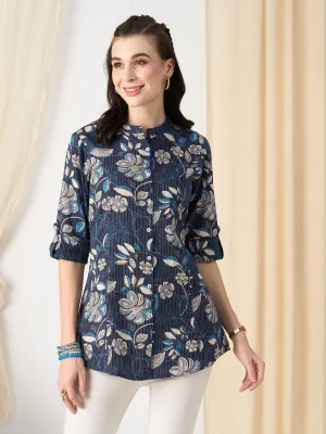 Exclusive Cotton NavyBlue A-Line Tunic With Kantha work & Floral Print For Women - ZOLA