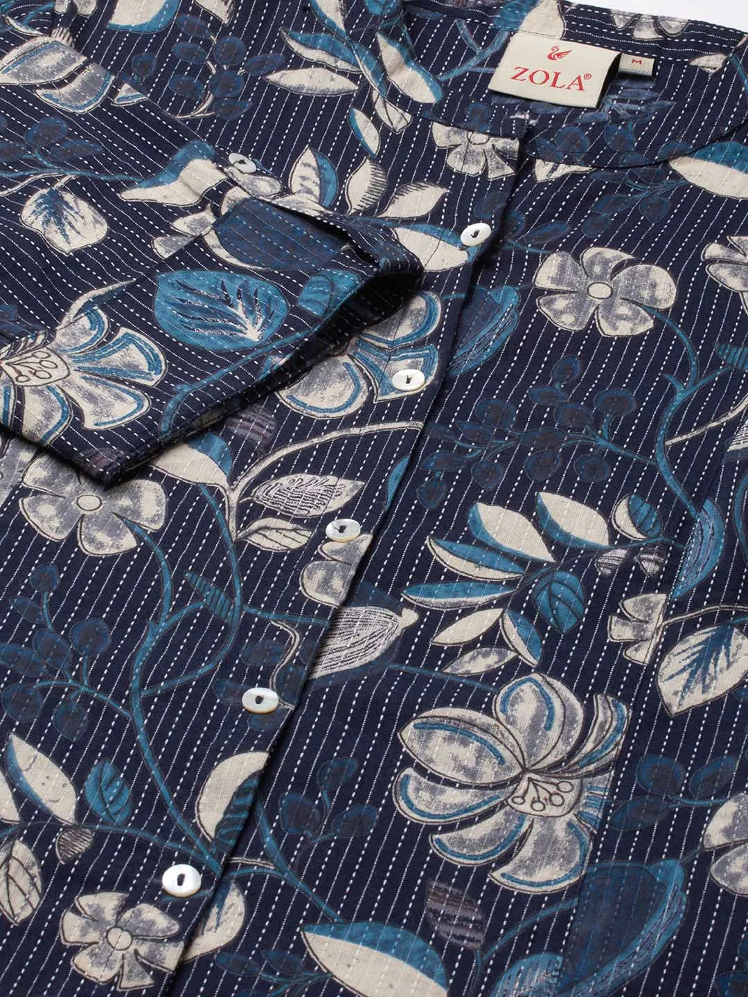 Exclusive Cotton NavyBlue A-Line Tunic With Kantha work & Floral Print For Women - ZOLA