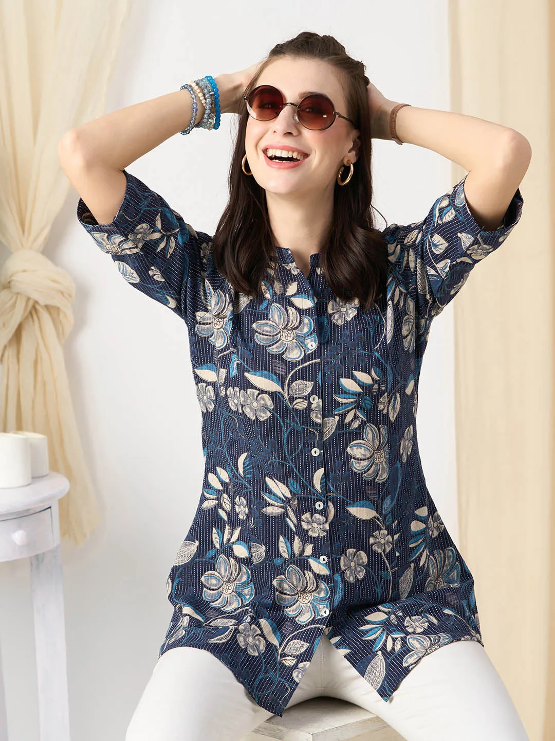 Exclusive Cotton NavyBlue A-Line Tunic With Kantha work & Floral Print For Women - ZOLA