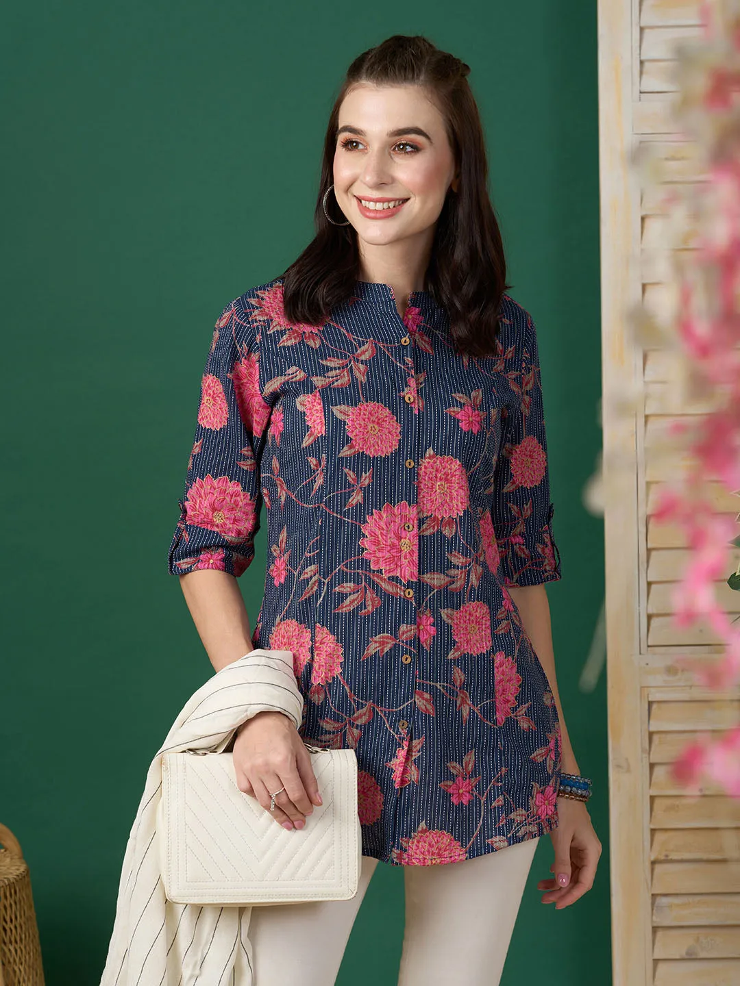 Exclusive Cotton NavyBlue A-Line Tunic With Kantha work & Floral Print For Women - ZOLA