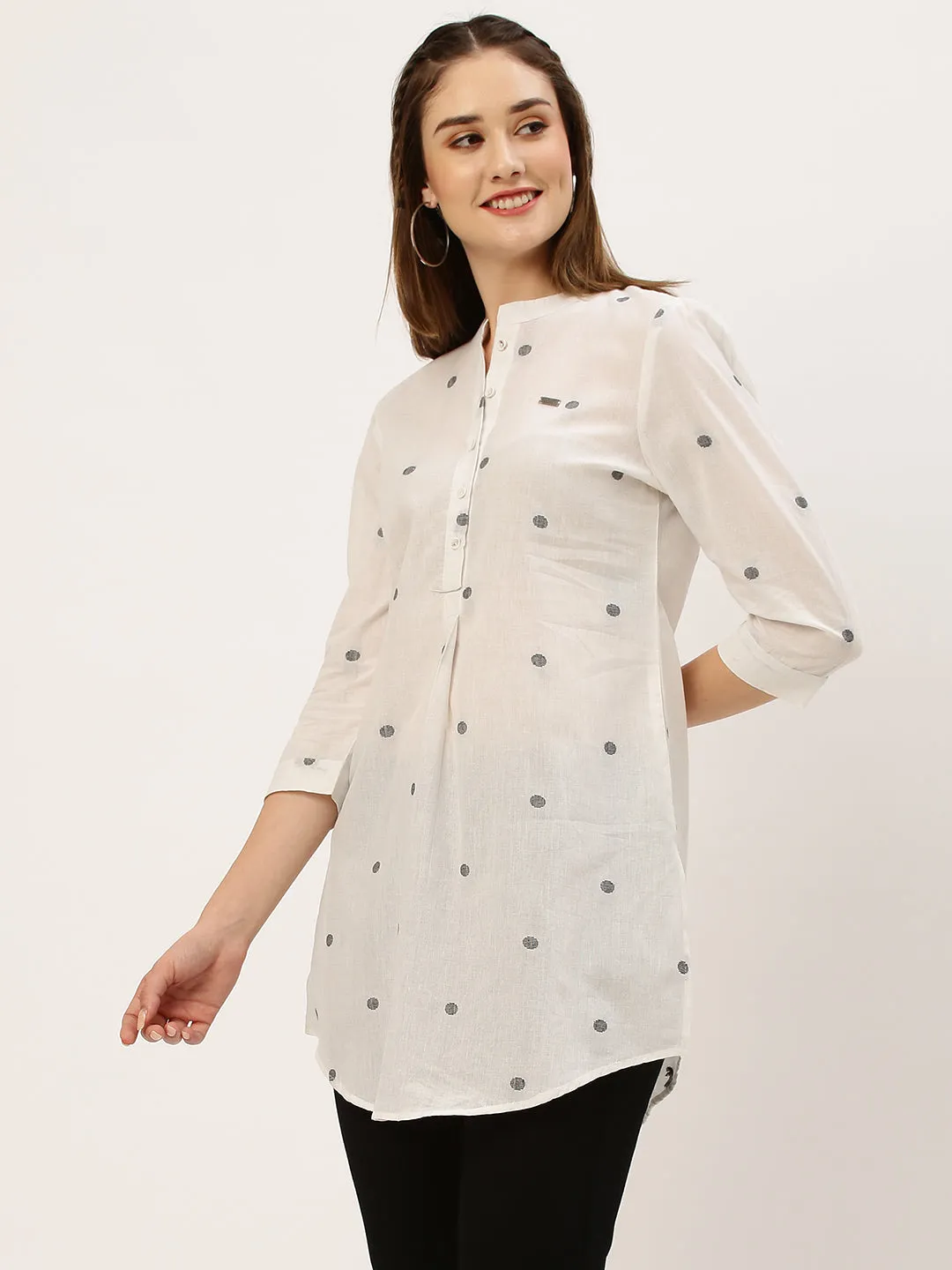 Exclusive Mandarin Collar Cotton All over Yarn Dyed Polka Dot White Straight Tunic For Women - ZOLA
