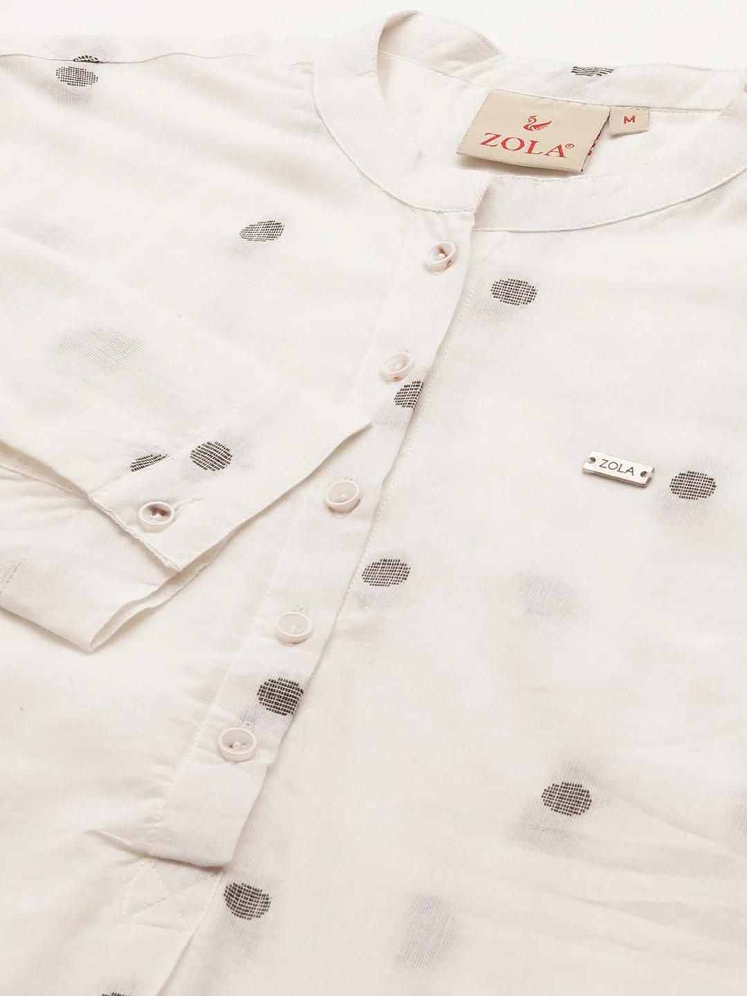 Exclusive Mandarin Collar Cotton All over Yarn Dyed Polka Dot White Straight Tunic For Women - ZOLA