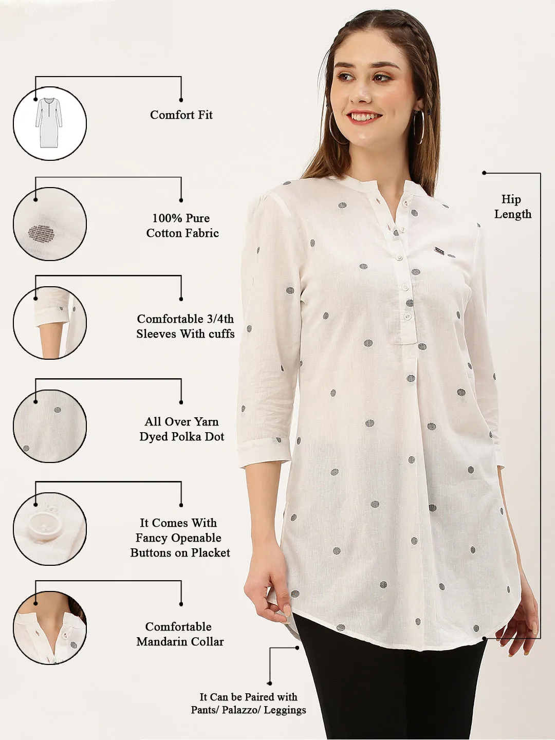 Exclusive Mandarin Collar Cotton All over Yarn Dyed Polka Dot White Straight Tunic For Women - ZOLA