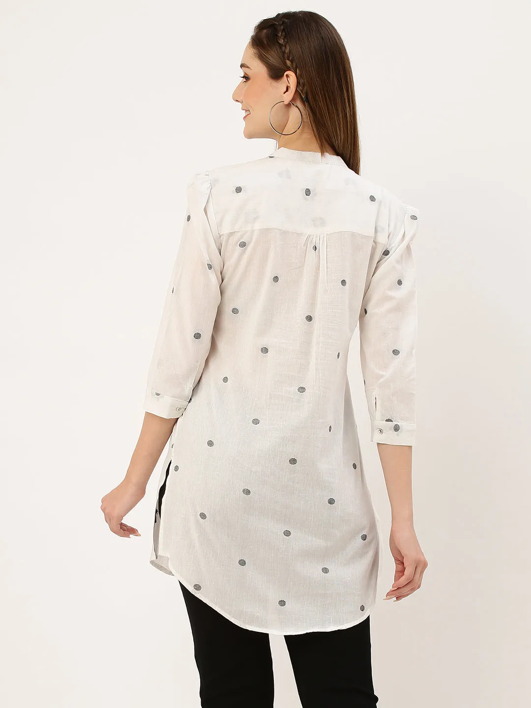 Exclusive Mandarin Collar Cotton All over Yarn Dyed Polka Dot White Straight Tunic For Women - ZOLA