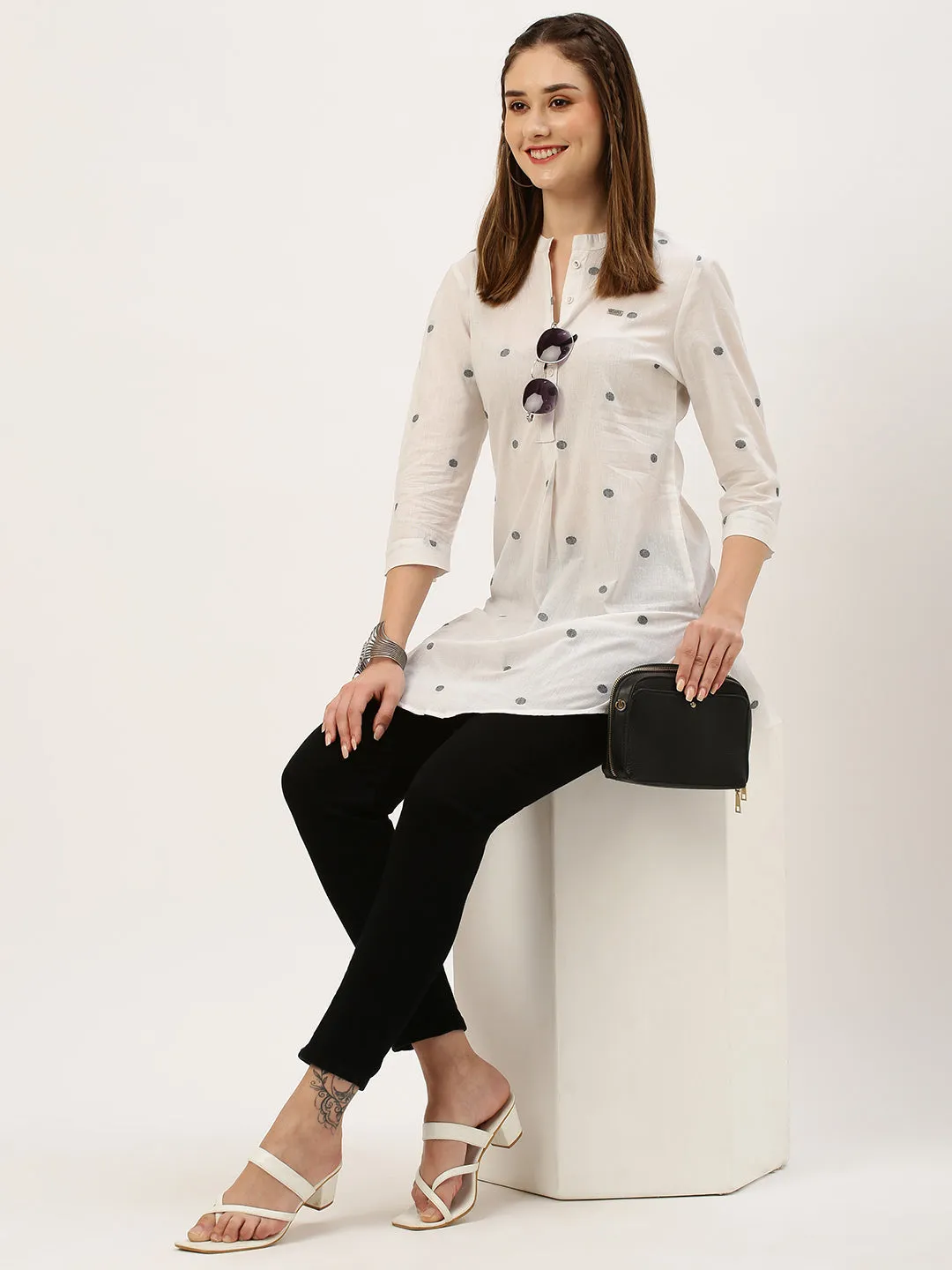 Exclusive Mandarin Collar Cotton All over Yarn Dyed Polka Dot White Straight Tunic For Women - ZOLA