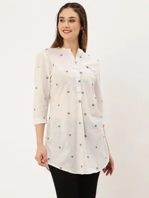 Exclusive Mandarin Collar Cotton All over Yarn Dyed Polka Dot White Straight Tunic For Women - ZOLA