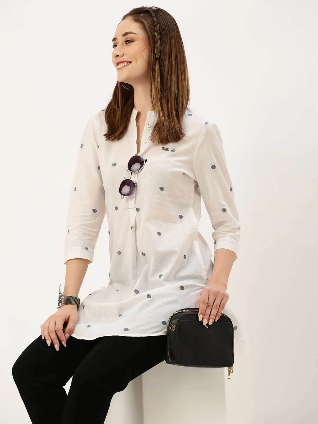 Exclusive Mandarin Collar Cotton All over Yarn Dyed Polka Dot White Straight Tunic For Women - ZOLA
