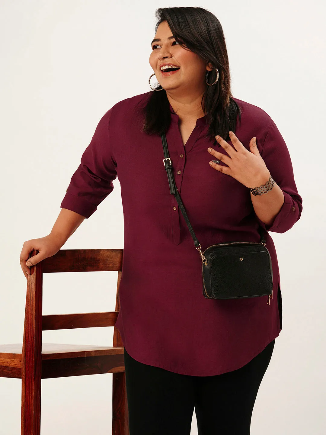 Exclusive Mandarin Collar Rayon Solid Maroon Straight Tunic For Women ZOLA