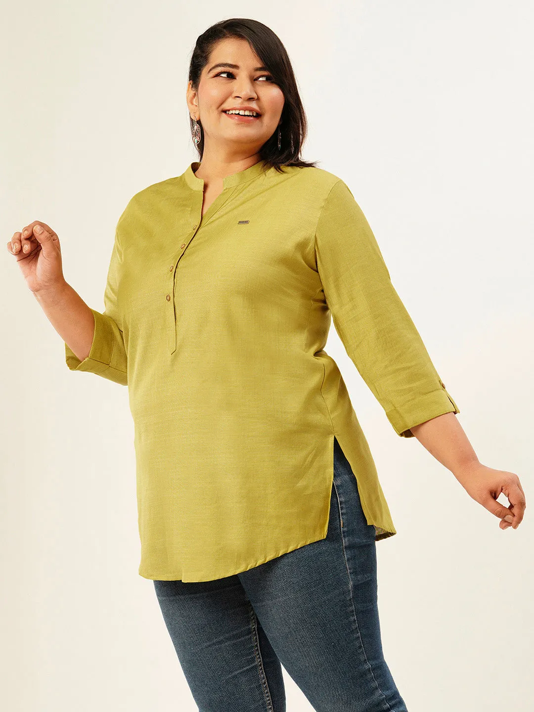 Exclusive Mandarin Collar Rayon Solid Mustard Straight Tunic For Women ZOLA