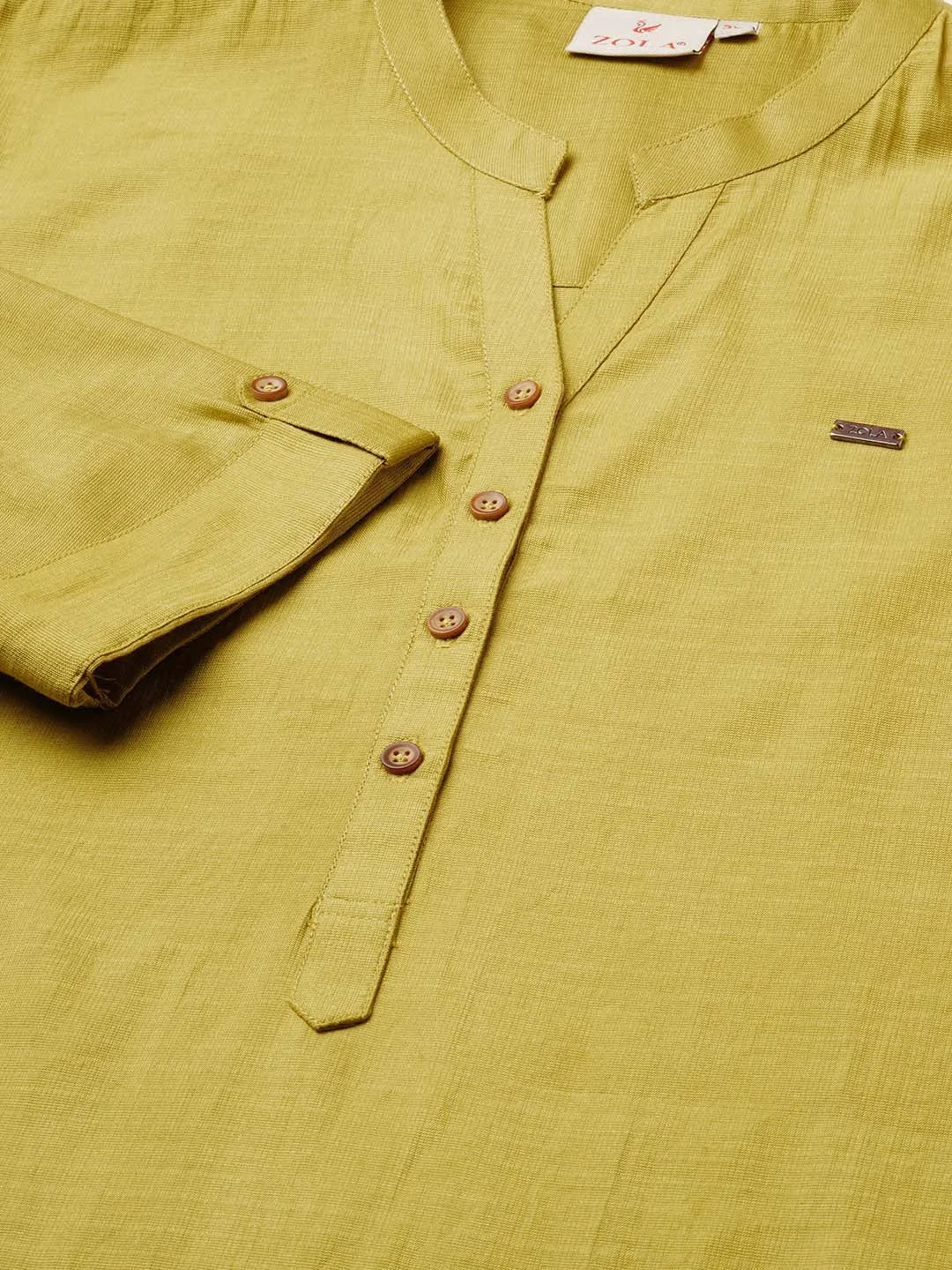 Exclusive Mandarin Collar Rayon Solid Mustard Straight Tunic For Women ZOLA