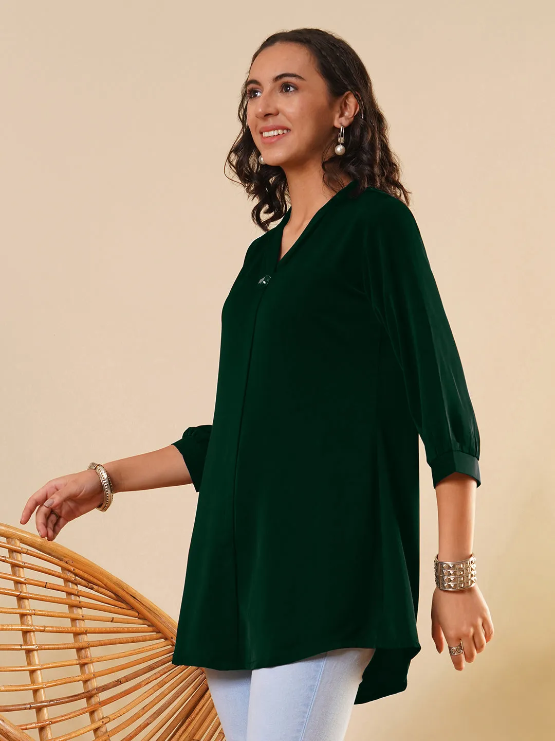 Exclusive V Neckline Rayon Solid Bottle Green  Straight Tunic For Women ZOLA