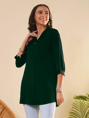 Exclusive V Neckline Rayon Solid Bottle Green  Straight Tunic For Women ZOLA