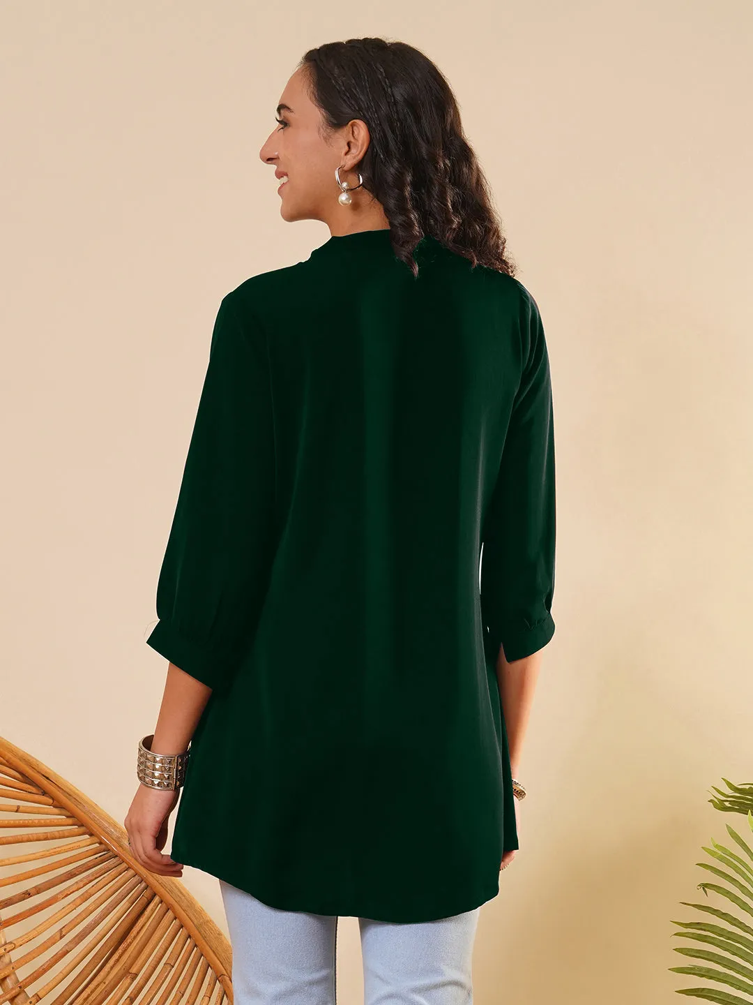 Exclusive V Neckline Rayon Solid Bottle Green  Straight Tunic For Women ZOLA