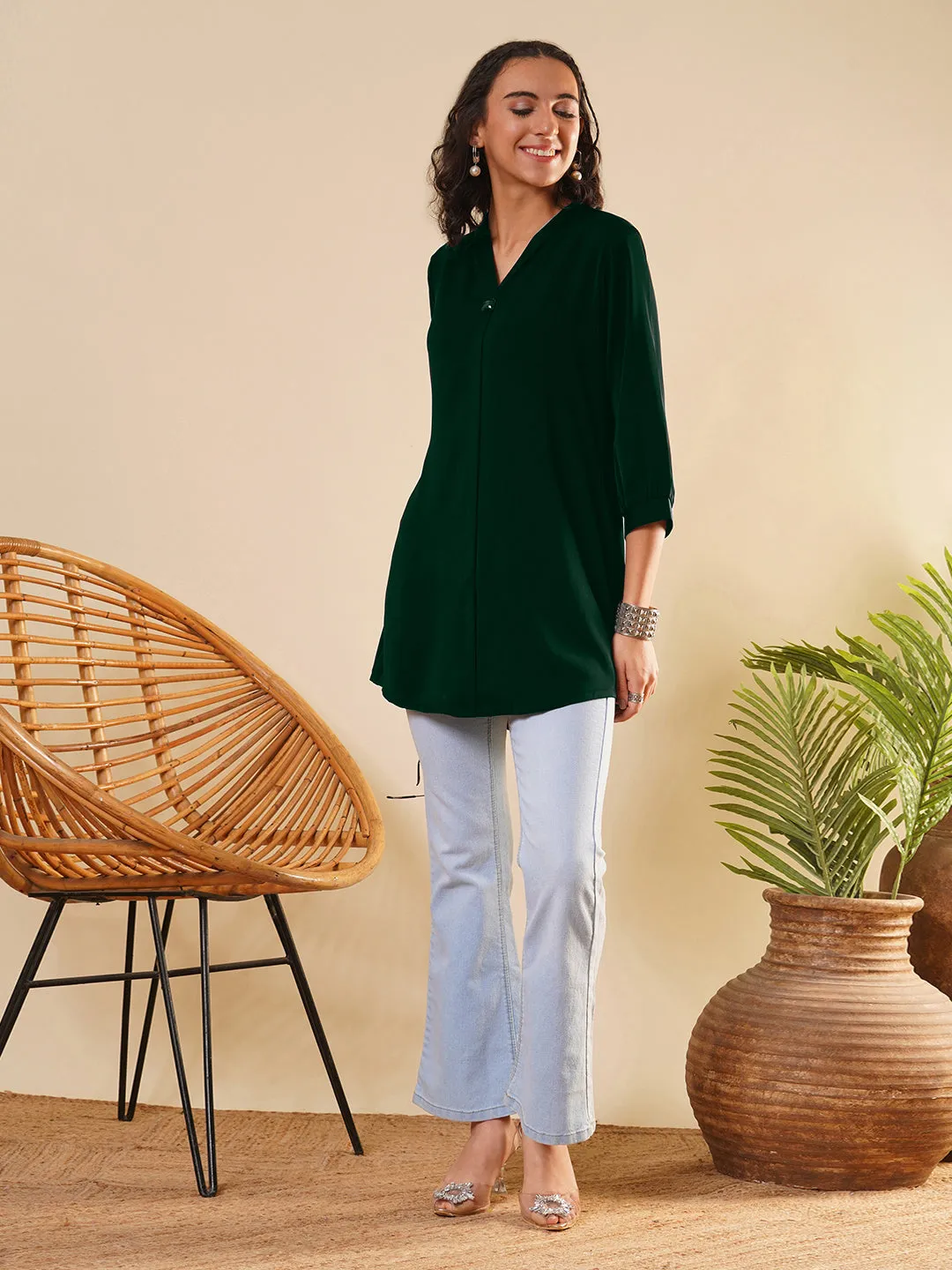 Exclusive V Neckline Rayon Solid Bottle Green  Straight Tunic For Women ZOLA