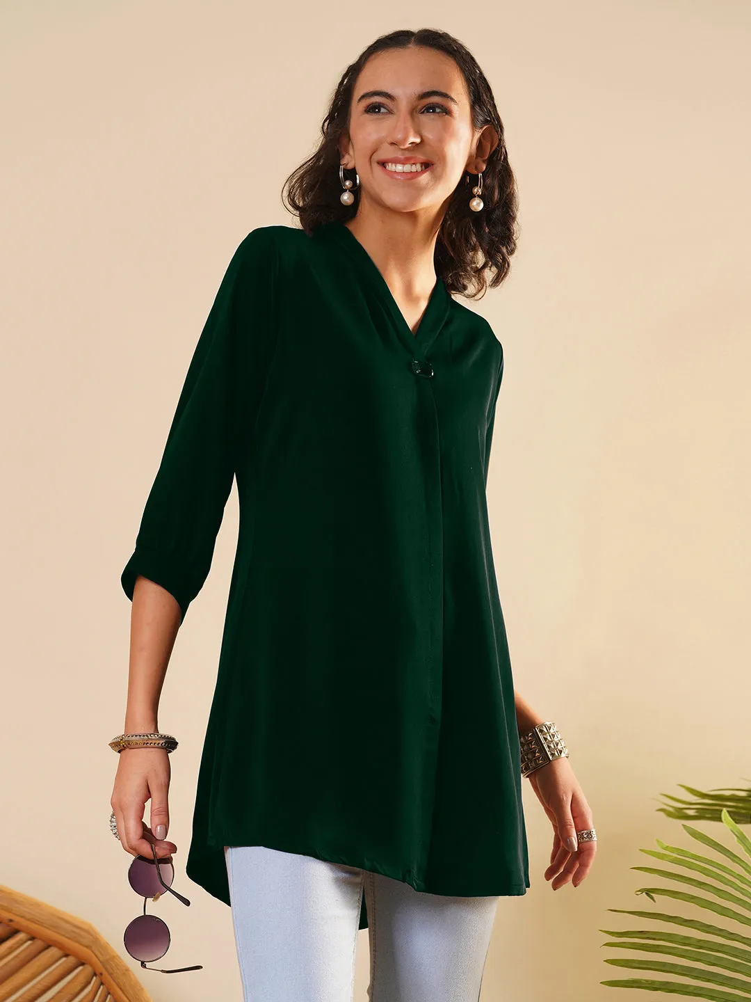 Exclusive V Neckline Rayon Solid Bottle Green  Straight Tunic For Women ZOLA