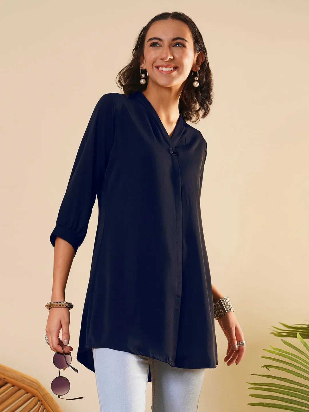 Exclusive V Neckline Rayon Solid Navy Blue  Straight Tunic For Women ZOLA