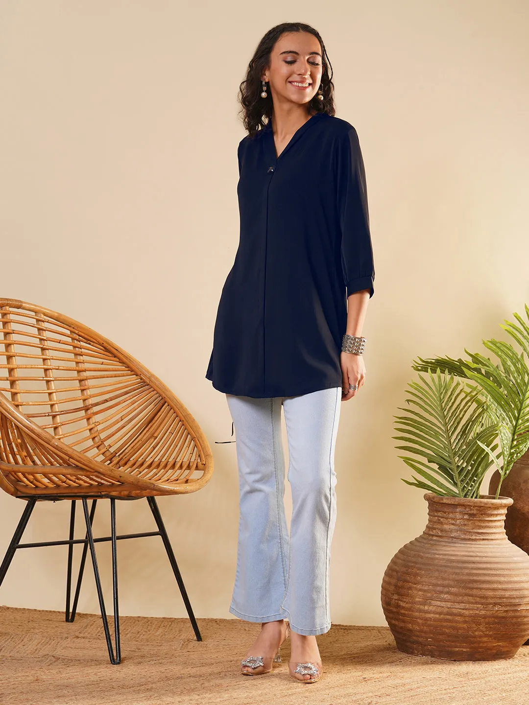 Exclusive V Neckline Rayon Solid Navy Blue  Straight Tunic For Women ZOLA