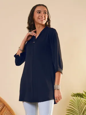 Exclusive V Neckline Rayon Solid Navy Blue  Straight Tunic For Women ZOLA