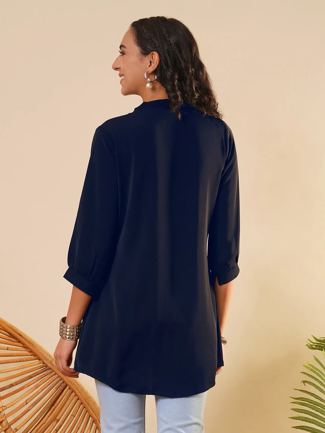 Exclusive V Neckline Rayon Solid Navy Blue  Straight Tunic For Women ZOLA