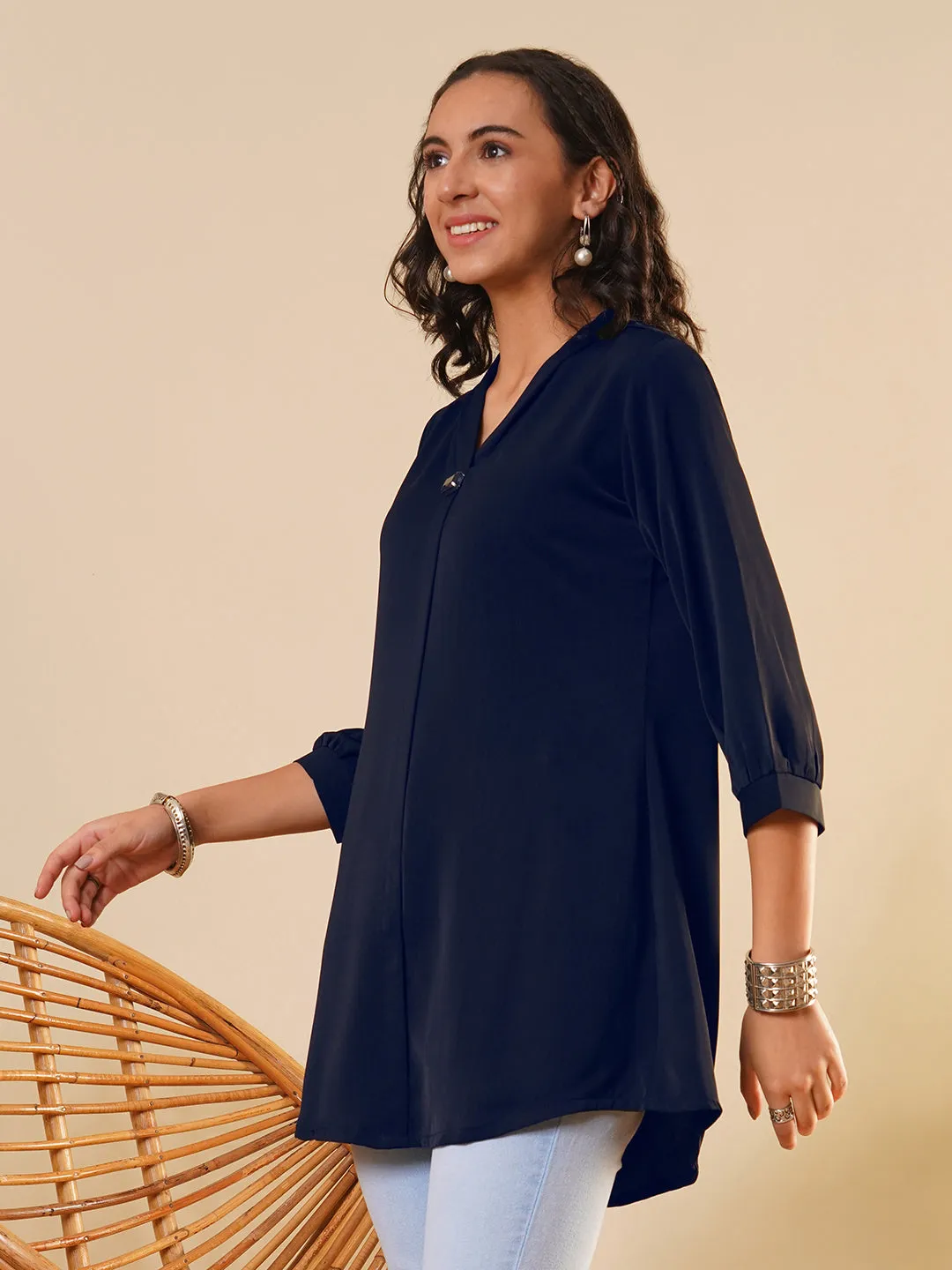 Exclusive V Neckline Rayon Solid Navy Blue  Straight Tunic For Women ZOLA