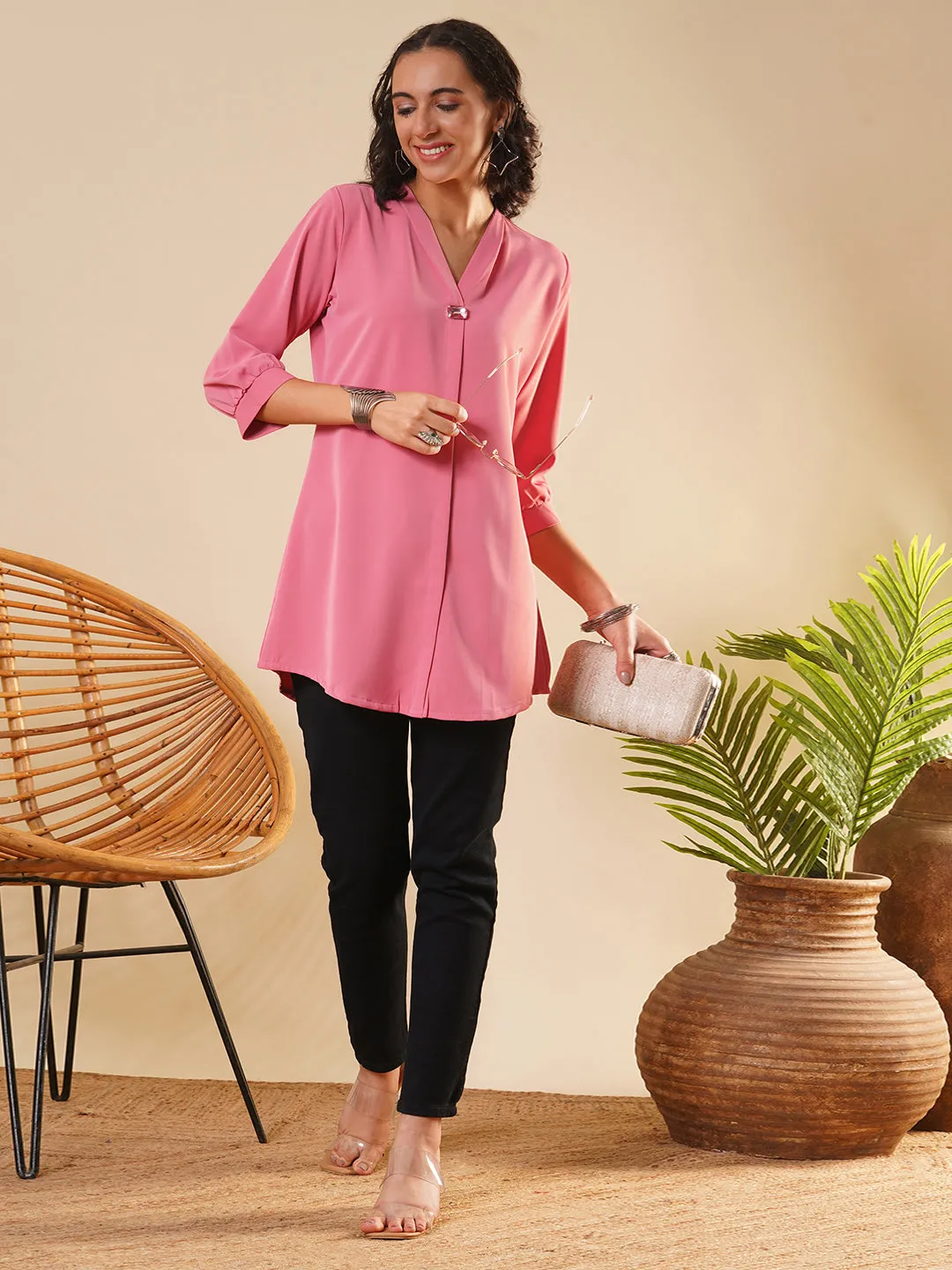 Exclusive V Neckline Rayon Solid Pink  Straight Tunic For Women ZOLA