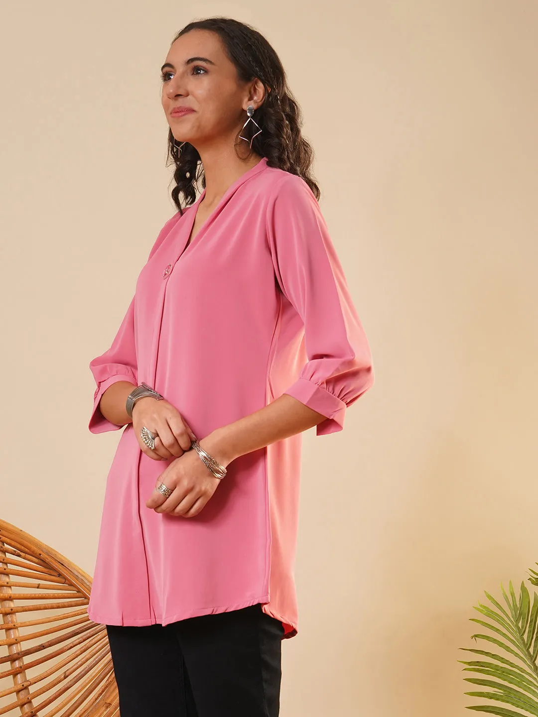 Exclusive V Neckline Rayon Solid Pink  Straight Tunic For Women ZOLA