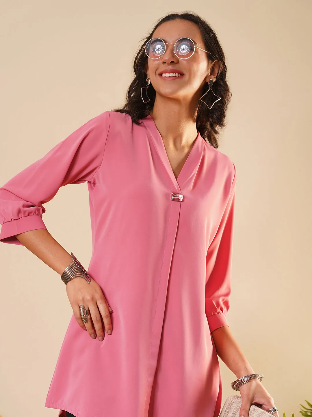 Exclusive V Neckline Rayon Solid Pink  Straight Tunic For Women ZOLA
