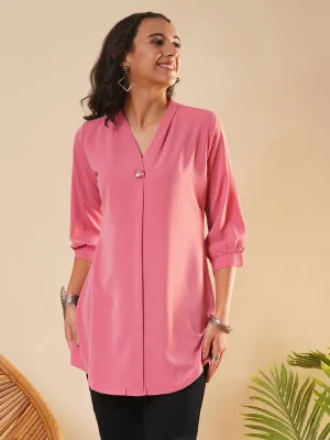 Exclusive V Neckline Rayon Solid Pink  Straight Tunic For Women ZOLA