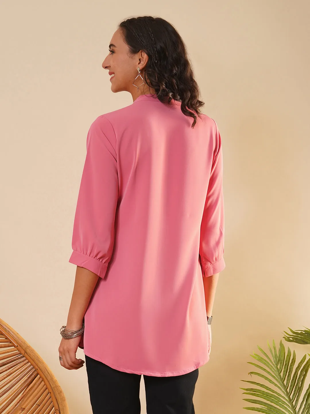 Exclusive V Neckline Rayon Solid Pink  Straight Tunic For Women ZOLA