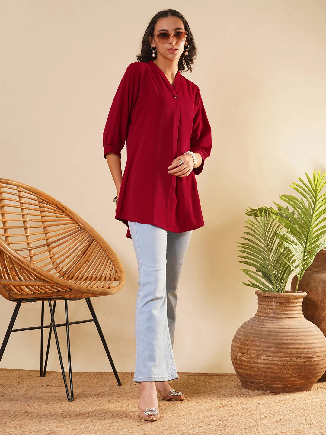Exclusive V Neckline Rayon Solid Red  Straight Tunic For Women ZOLA