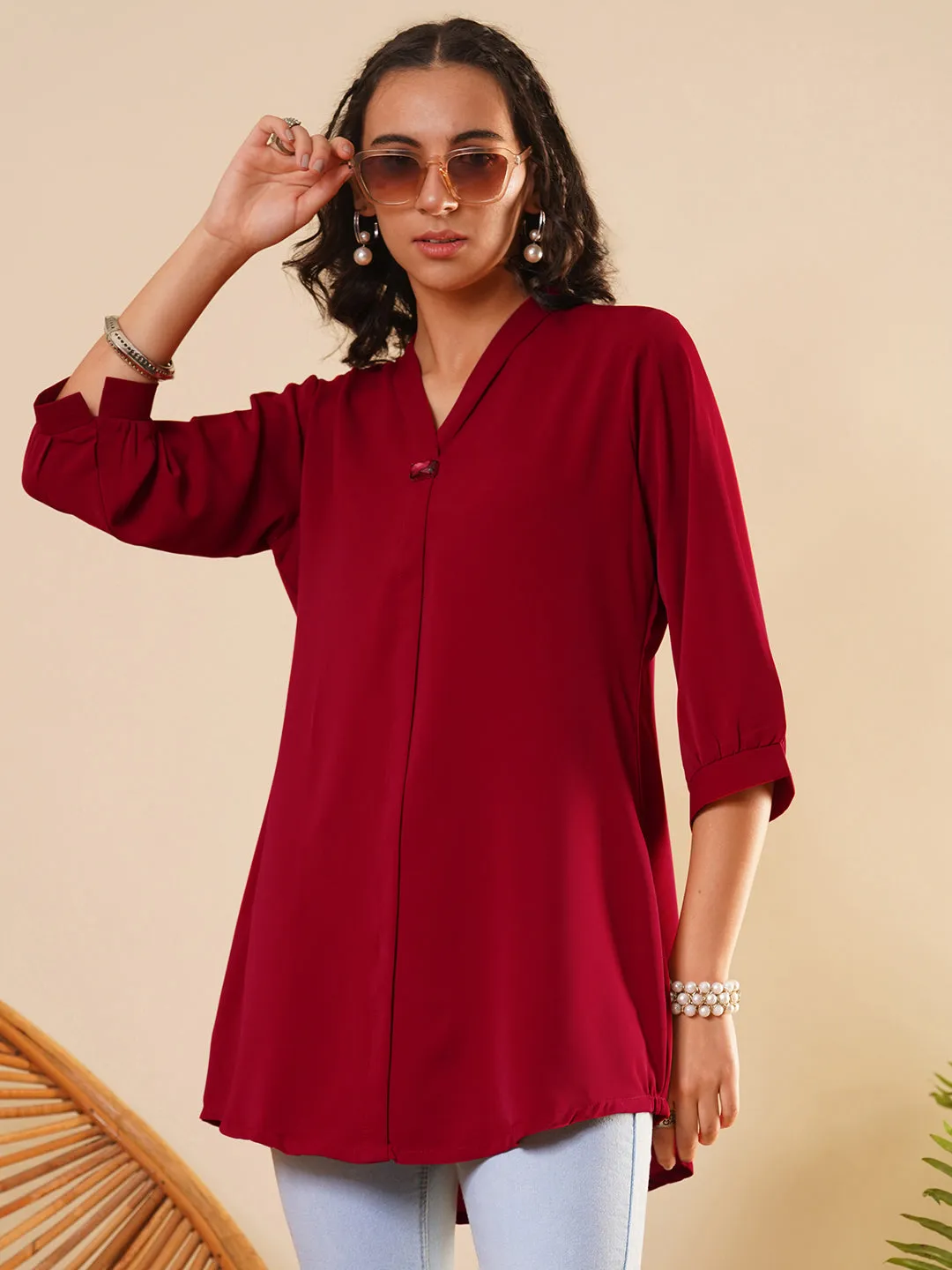 Exclusive V Neckline Rayon Solid Red  Straight Tunic For Women ZOLA