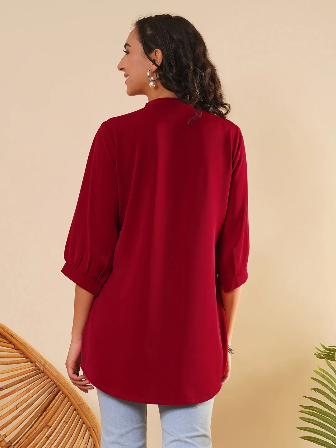 Exclusive V Neckline Rayon Solid Red  Straight Tunic For Women ZOLA