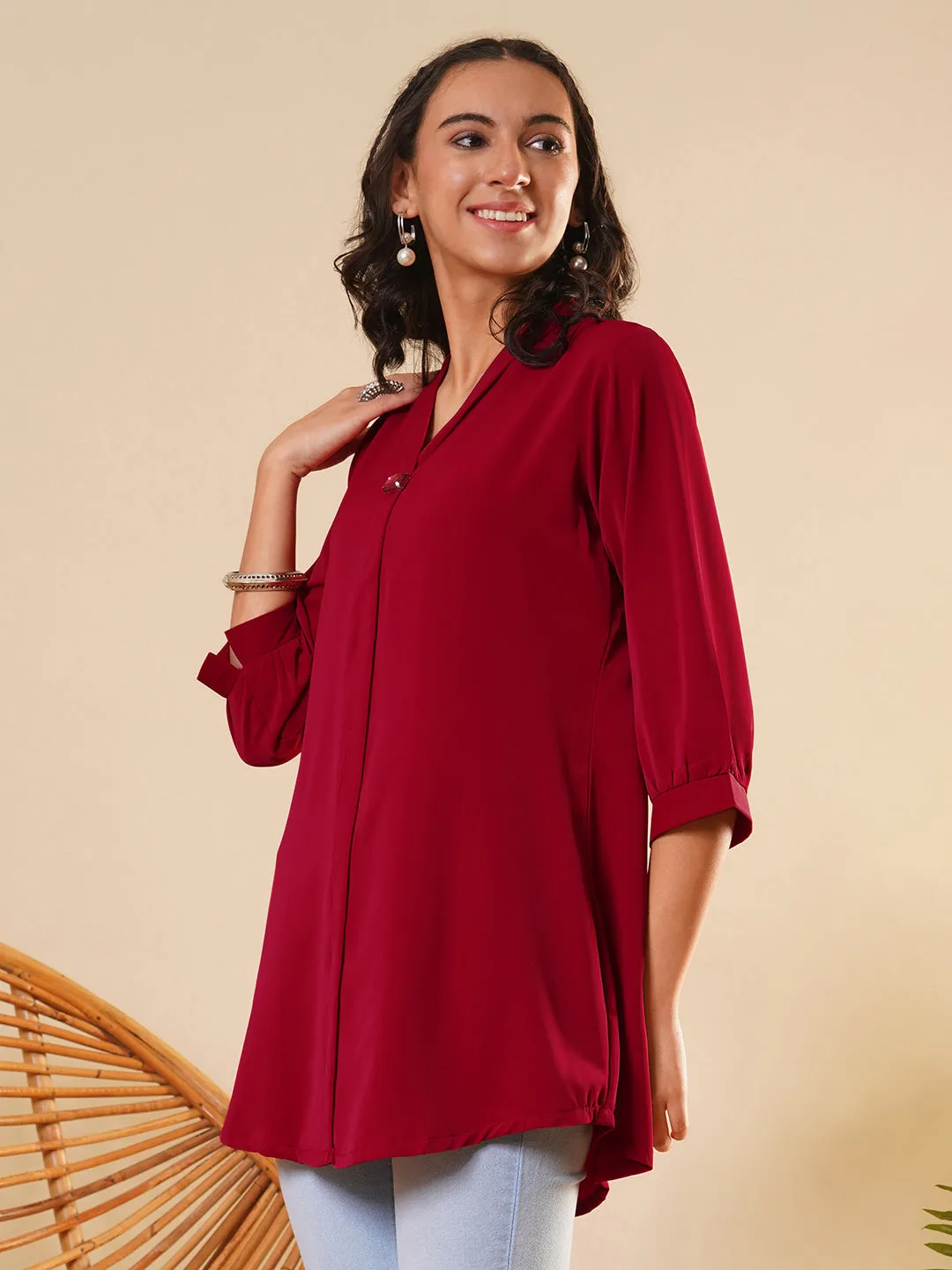 Exclusive V Neckline Rayon Solid Red  Straight Tunic For Women ZOLA