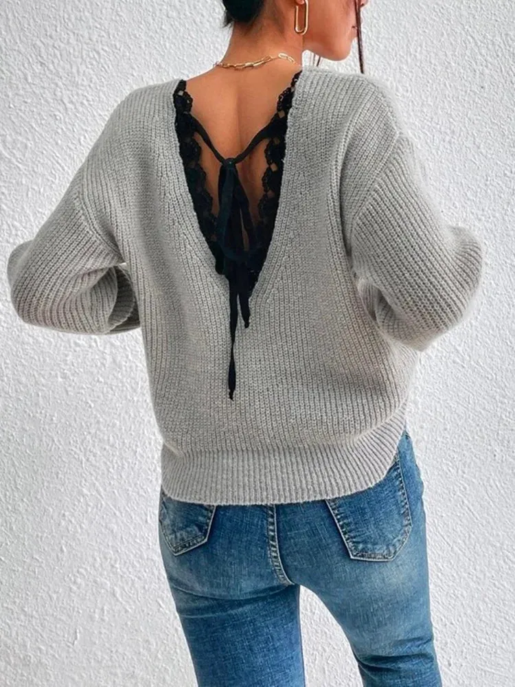 Fashion Long Sleeves V-Back Split-Joint Lace V-Neck Sweater Tops