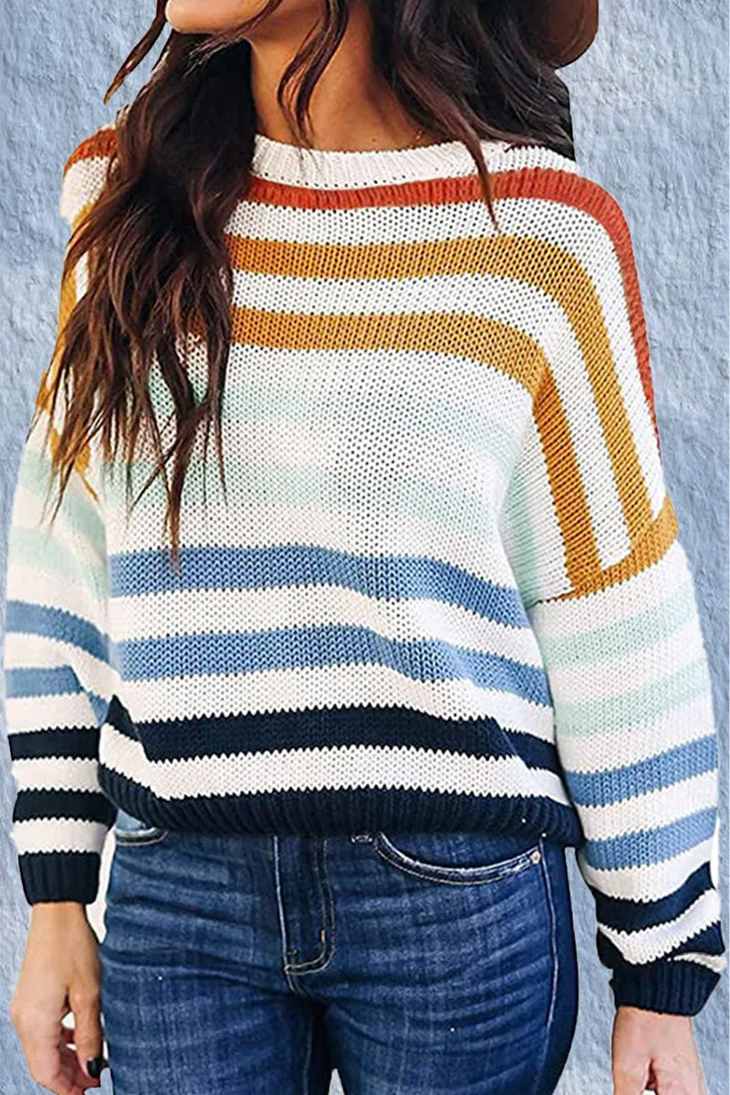Fashion Sweet Striped Patchwork O Neck Tops