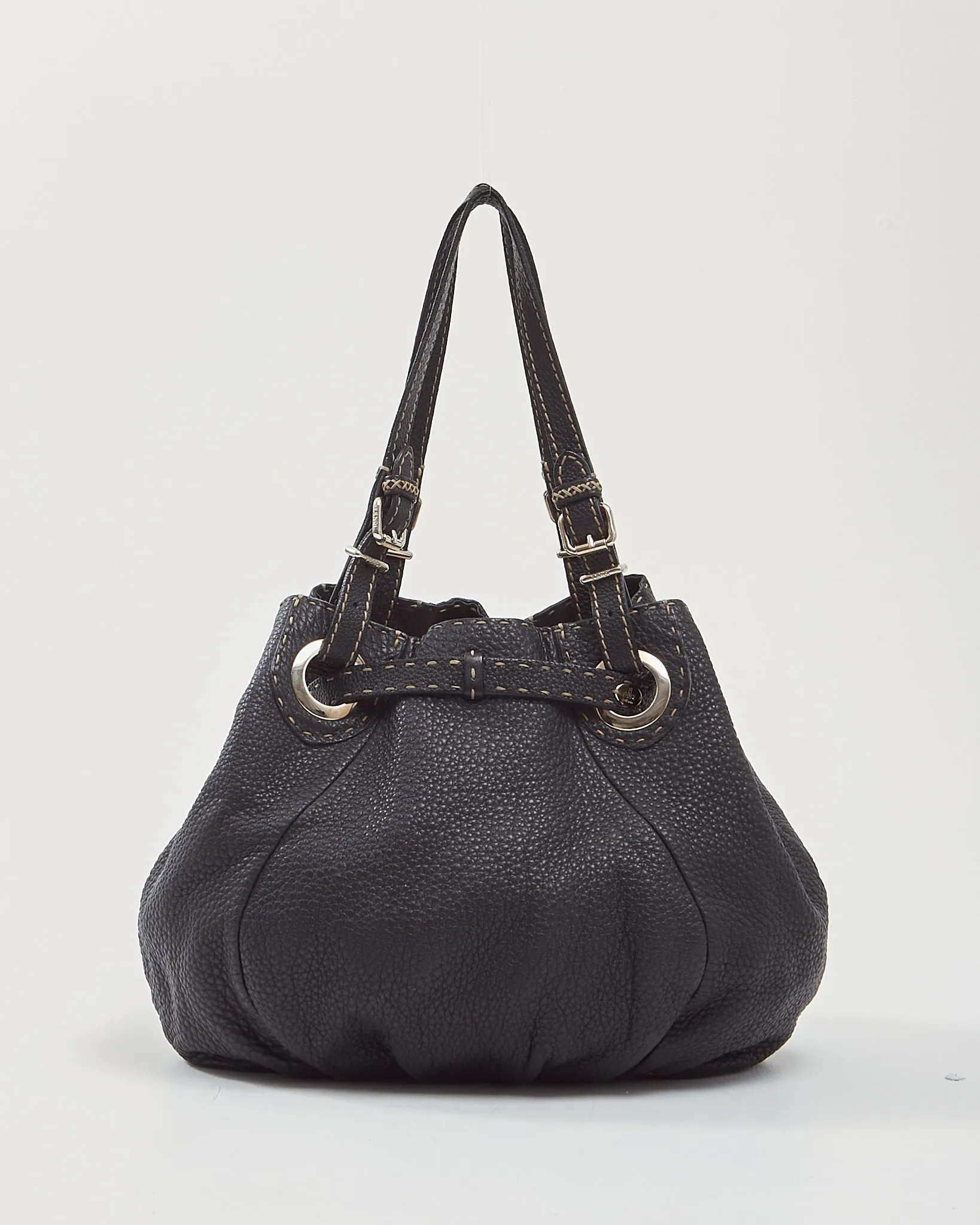 Fendi Black Selleria Top Stitch Grained Leather Tote Bag