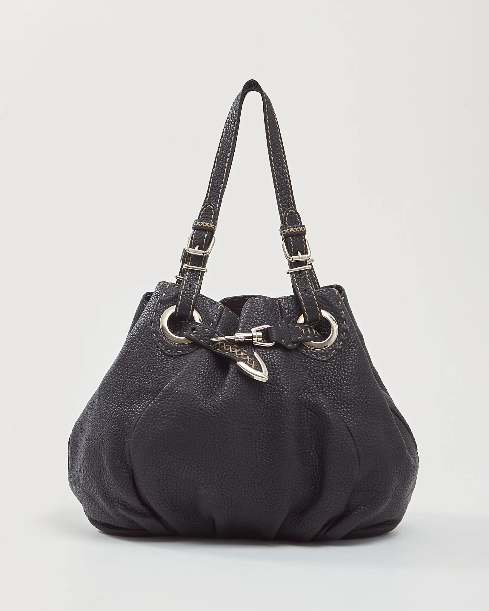 Fendi Black Selleria Top Stitch Grained Leather Tote Bag