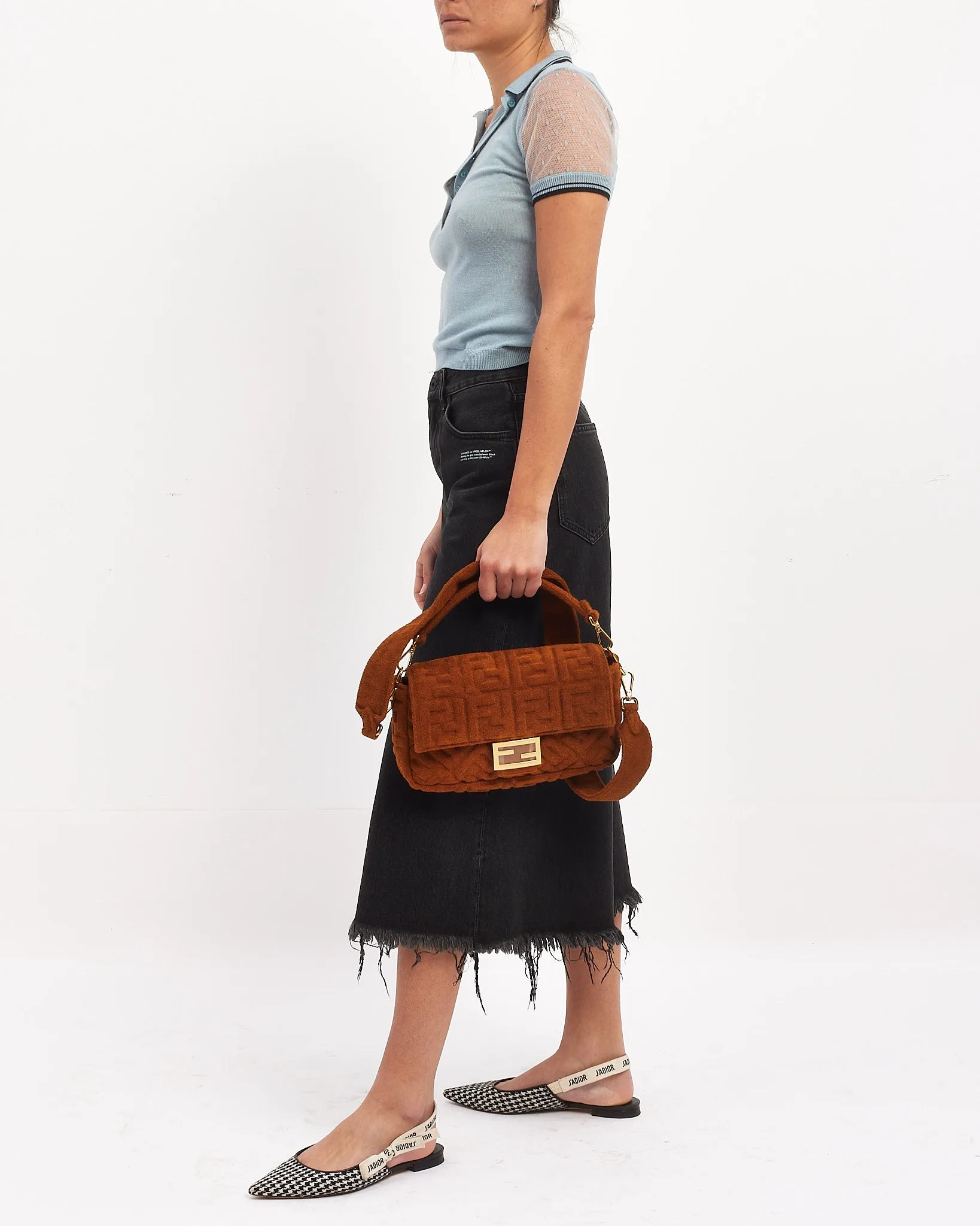 Fendi Brown Terry Cloth Fabric Baguette Bag with Shoulder Strap